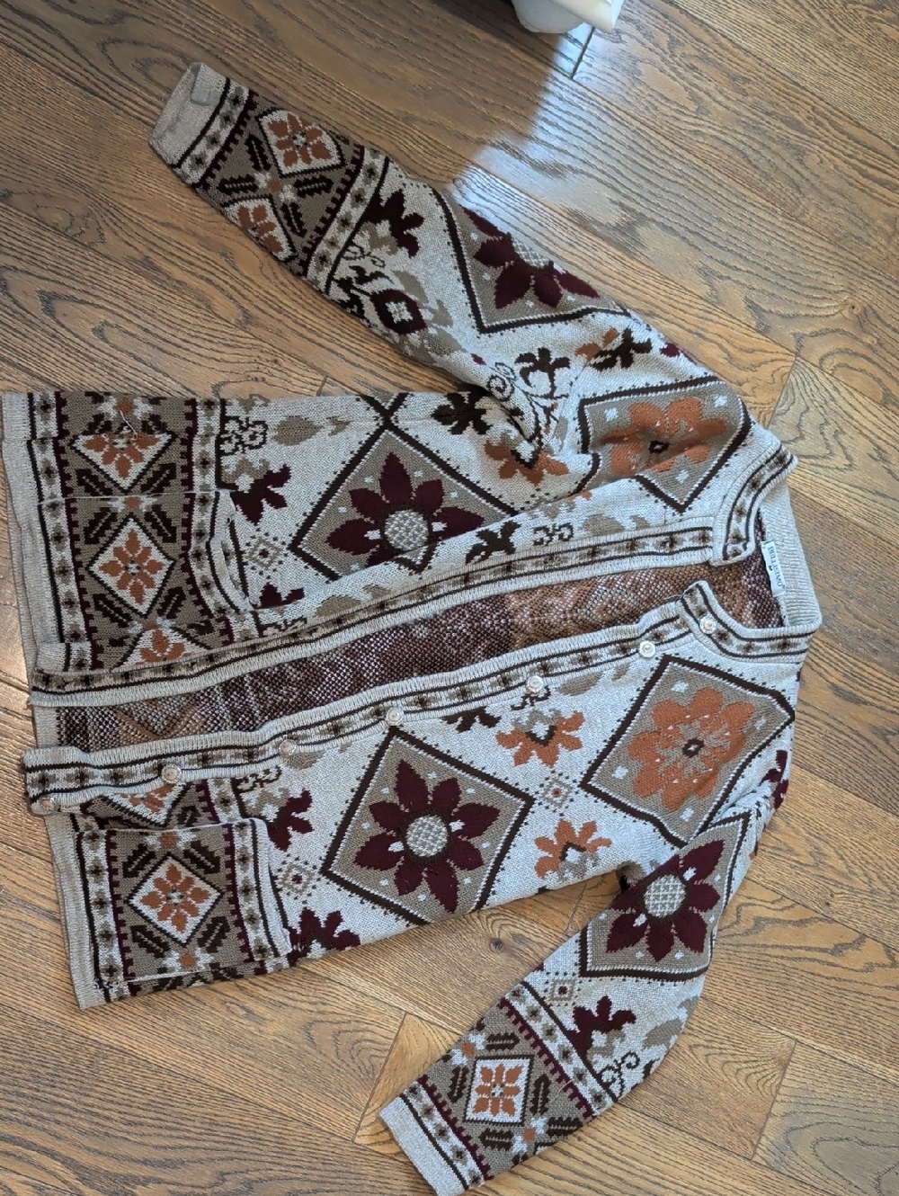 Bellisimo Button-Front Patchwork Knit Cardigan in Cream & Brown